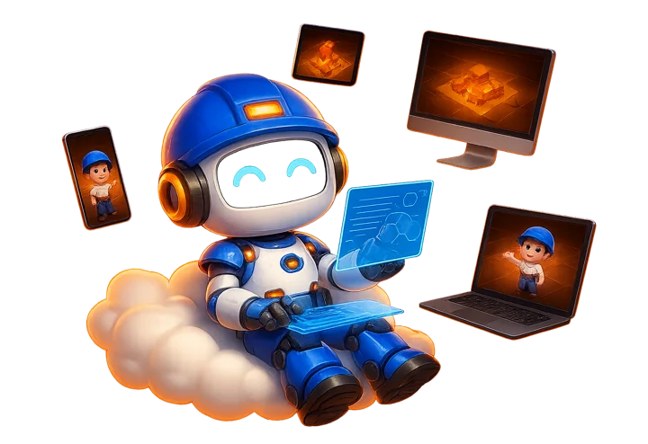 Clumzy Bot on a cloud, with the base open on a phone, tablet, laptop and monitor