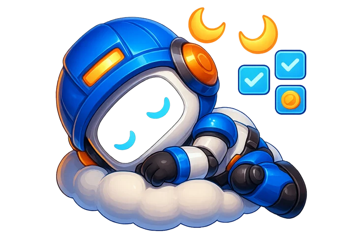 Clumzy Bot asleep on a cloud while its screens keep working