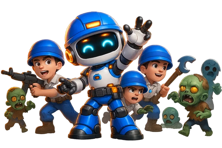 Clumzy Bot and its survivor squad holding off cartoon zombies